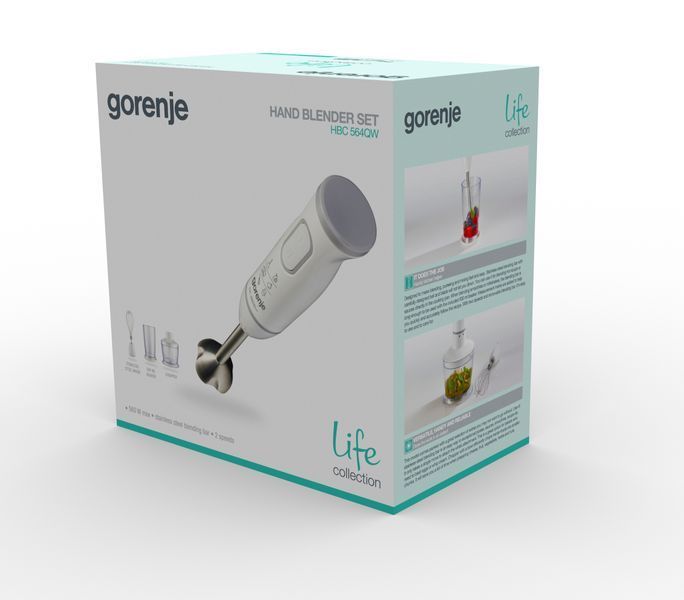 Блендер Gorenje заглибний 560Вт, 4в1, чаша-500мл, подрібнювач, білий (HBC564QW) 369354 фото