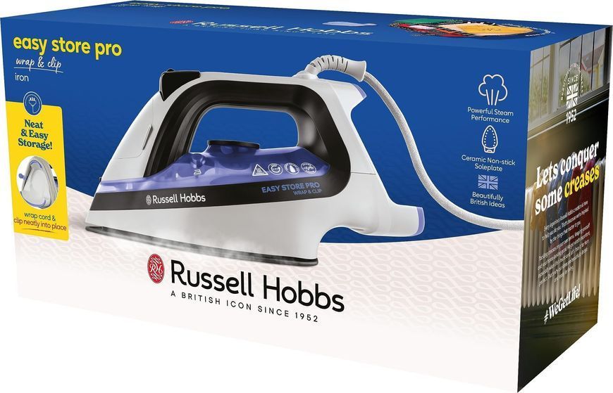 Праска Russell Hobbs Easy Store Pro, 2400Вт, 320мл, паровий удар -180гр, постійна пара - 45гр, зберігання шнура, керам. підошва, біло-синій (26730-56) 373386 фото