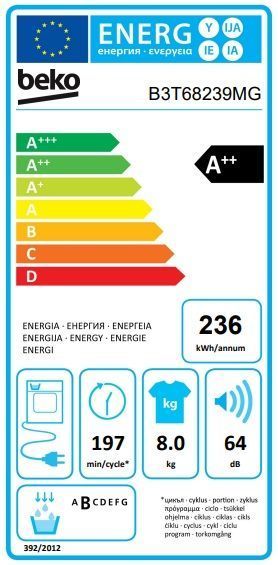 Сушильна машина Beko тепловий насос, 8кг, A++, 60см, дисплей, підсвітка барабану, сірий (B3T68239MG) 374423 фото