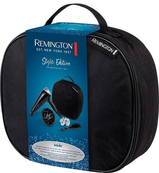 Фен Remington Style Edition, 2200Вт, 3 режими, іоніз-я, хол. обдув, дифузор, гребінець, резинка, кейс, чорно-сірий (D3171GP) 379785 фото