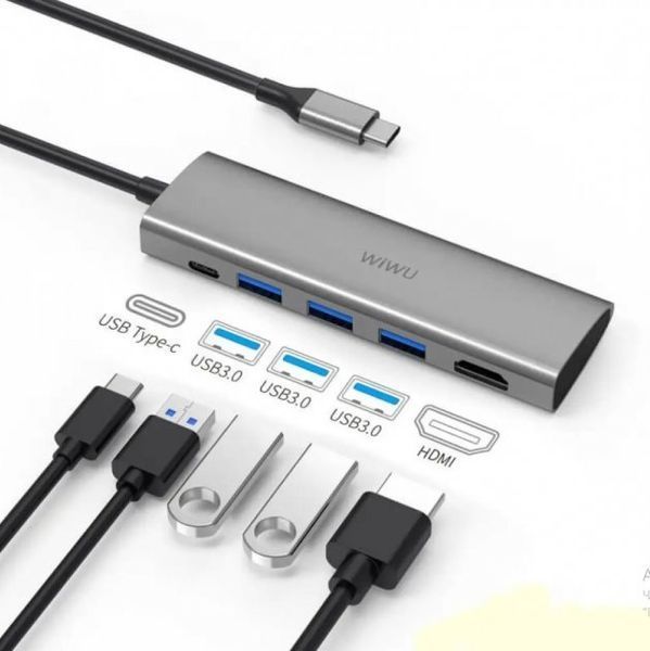 WIWU Alpha USB-C Hub 5-in-1 USB-C To HDMI,1xType-C, 3xUSB3.0 Adapter - Space Gray (A531H) 217291 фото