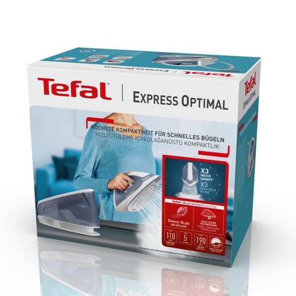 Праска-парогенератор Tefal Optimal, 2200Вт, 1200мл, паровий удар -190гр, постійна пара - 110гр, керам. підошва, біло-синій (SV4110E0) 374888 фото