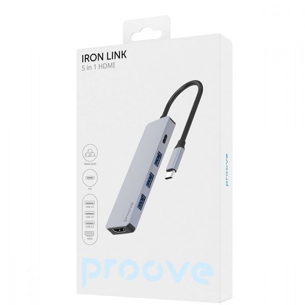 Type-C-Хаб Proove Iron Link 5 in 1 (3*USB3.0 + Tyce C + HDMI) (HBIL00010604) Silver 286765 фото