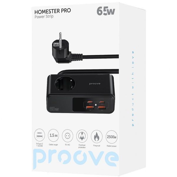 Мережевий фільтр Proove Homester Pro 65W (AC + 2xType-C + 2xUSB) 1.5m (PSHP25002201) black 355577 фото
