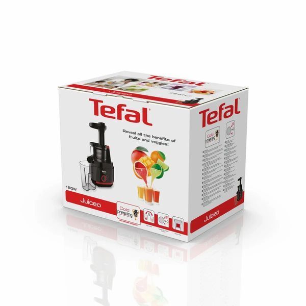 Соковитискач Tefal Juiceo шнековий 150Вт, чаша-0.8л, жмих-0.8л, насадка для цитрусових, пластик, червоно-чорний (ZC150838) 369995 фото