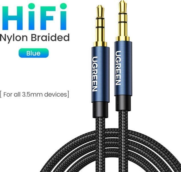 Кабель UGREEN AV112 3.5mm Male To 3.5mm Male Cable Gold Plated Metal Case With Braid 1m Blue (10685) 278886 фото