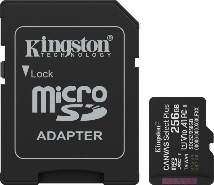 Карта пам'яті Kingston MicroSDXC 256GB Canvas Select Plus Gen3 150MB/s A10 + SD-адаптер (SDCS3/256GB) 388825 фото