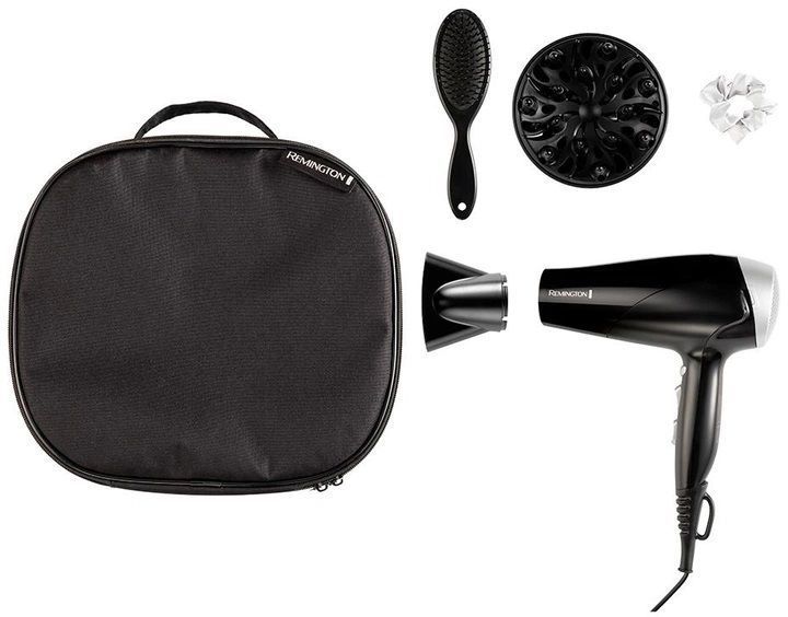 Фен Remington Style Edition, 2200Вт, 3 режими, іоніз-я, хол. обдув, дифузор, гребінець, резинка, кейс, чорно-сірий (D3171GP) 379785 фото