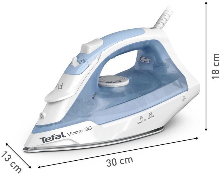 Праска Tefal Virtuo 30, 2000Вт, 240мл, паровий удар -120гр, постійна пара - 27гр, керам. підошва, біло-блакитний (FV2C41E0) 376068 фото