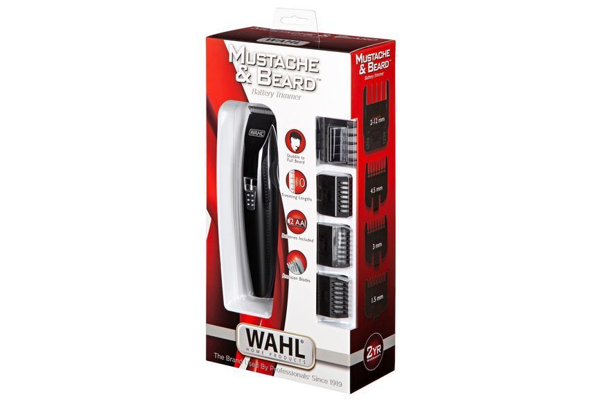 Тример WAHL Mustache&Beard, для бороди і вусів, ААx2, в комплекті, роторний мотор, насадок-4, гребінець, підставка, сталь, чорний (05606-508) 361865 фото
