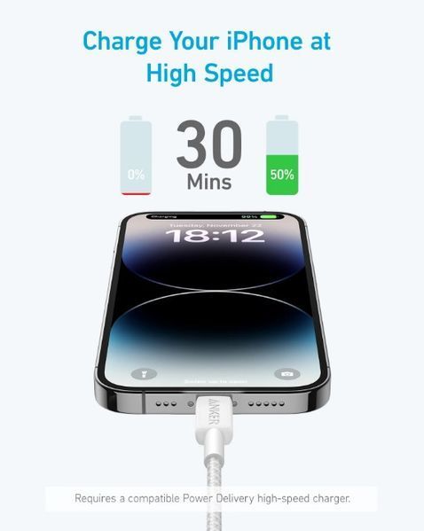 кабель ANKER 322 USB-C to Lightning - 1.8m Nylon (Білий) 306978 фото