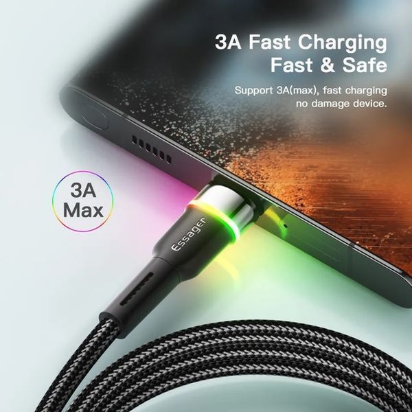 Кабель ESSAGER Colorful LED USB Cable Fast Charging 3A USB-A To Type C 0.5m (EXCT-XCDB01) Black 355945 фото