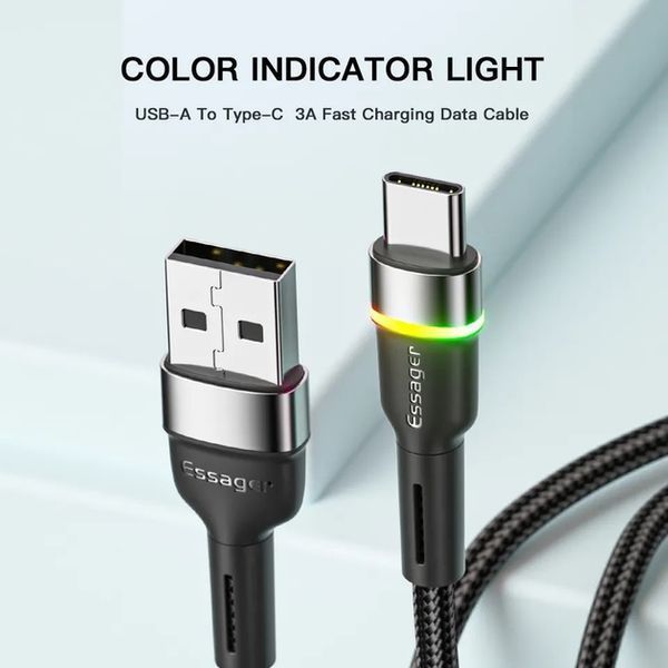 Кабель ESSAGER Colorful LED USB Cable Fast Charging 3A USB-A To Type C 0.5m (EXCT-XCDB01) Black 355945 фото
