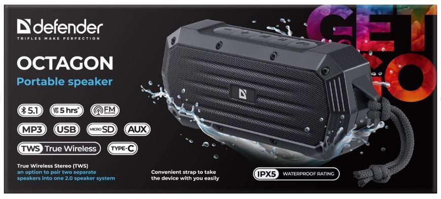 Портативна акустика DEFENDER (65039)Octagon 5Вт, FM/microSD/USB/TWS, чорний 305185 фото