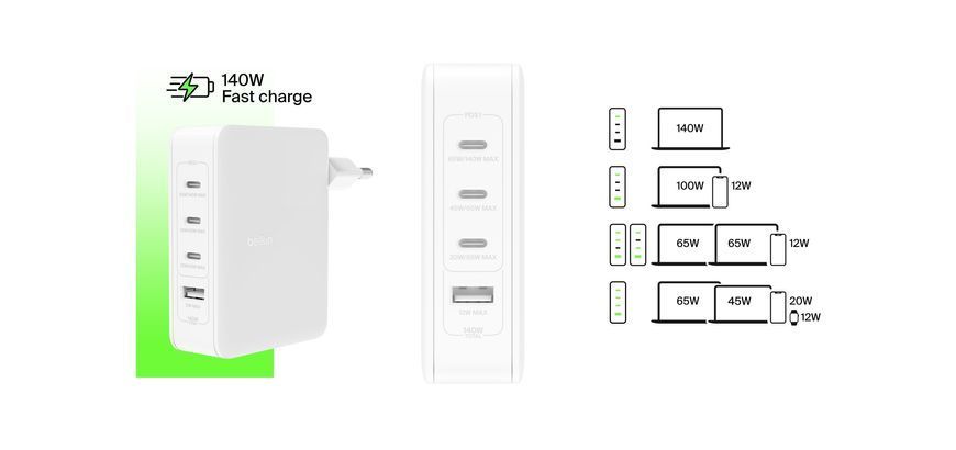 Зарядний пристрій мережевий Belkin 140Вт 3хUSB-С GAN PD PPS, USB-A, білий (WCH014BTWH) 370651 фото
