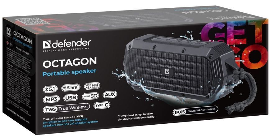 Портативна акустика DEFENDER (65039)Octagon 5Вт, FM/microSD/USB/TWS, чорний 305185 фото