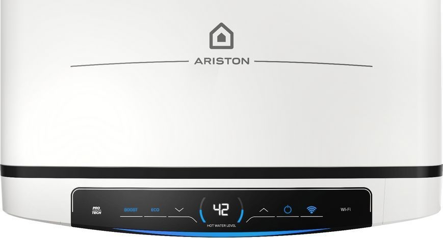 Водонагрівач електр. Ariston плаский слім VELIS PRO DRY WIFI 80 EU, 80л, 2*1,5кВт, сух тен, ун. монтаж, електр. кер-ння, B, Італія, Білий 366015 фото