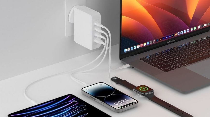 Зарядний пристрій мережевий Belkin 140Вт 3хUSB-С GAN PD PPS, USB-A, білий (WCH014BTWH) 370651 фото