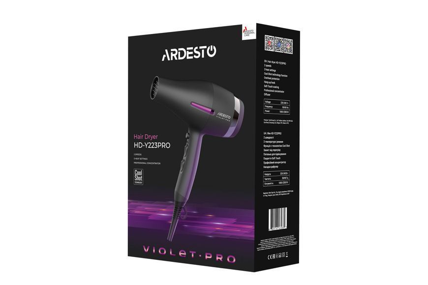 Фен Ardesto Violet PRO HD-Y223PRO, 1850-2200Вт, 2 швидкості , 3темп.режими, дифузор, чорний 367648 фото