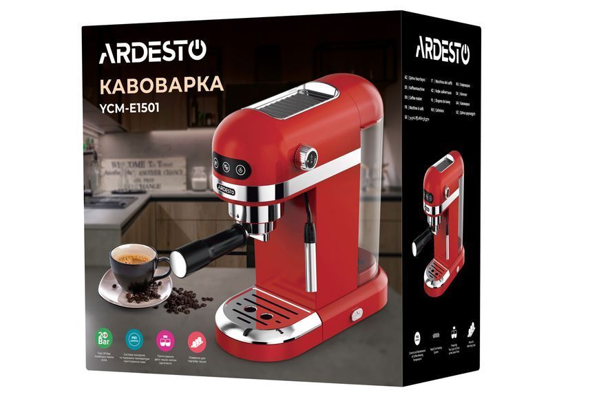 Кавоварка Ardesto ріжкова 1.4л, мелена, ручний капучинатор, підігрів чашок, червоний (YCM-E1501) 371169 фото