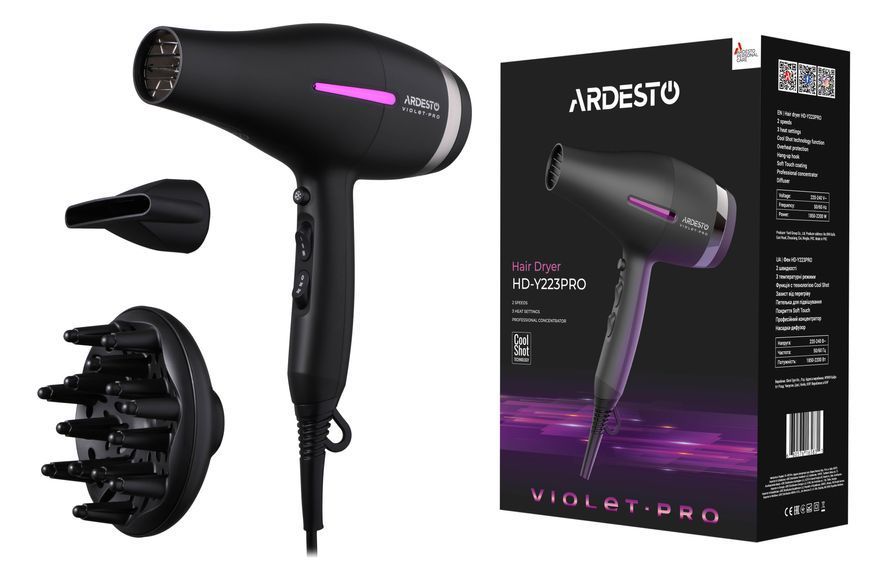 Фен Ardesto Violet PRO HD-Y223PRO, 1850-2200Вт, 2 швидкості , 3темп.режими, дифузор, чорний 367648 фото