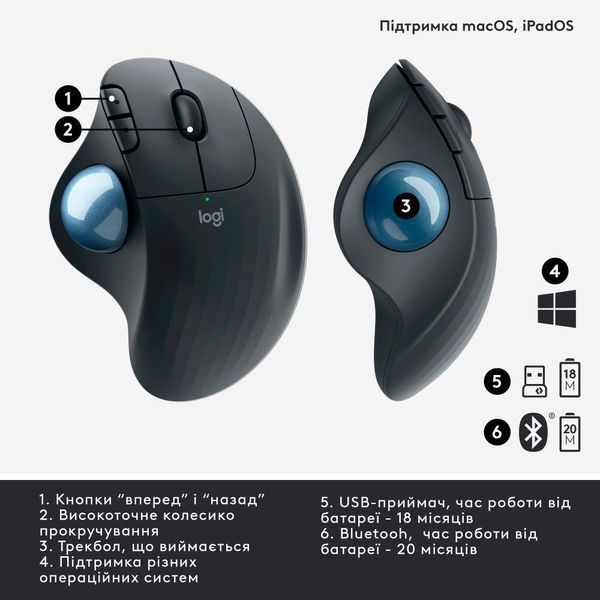 Маніпулятор миша бездротова LOGITECH ERGO M575 for Business - GRAPHITE - BT - EMEA-914 (910-006221) 349605 фото