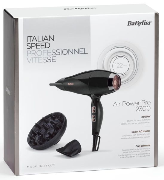 Фен Babyliss Air Power Pro, 2300Вт, 3 режими, дифузор, іоніз-я, хол. обдув, кераміка, чорно-рожевий (6716DE) 364745 фото