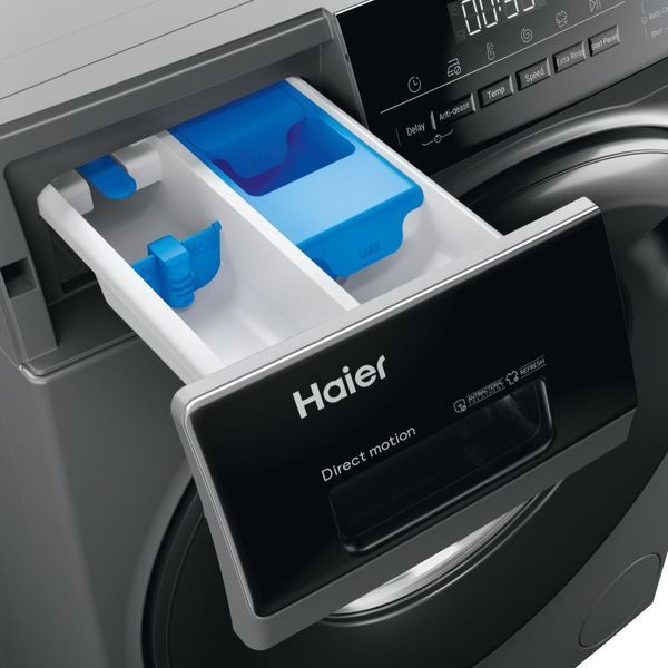 Пральна машина Haier фронтальна, 9кг, 1400, A+++, 60см, дисплей, пара, інвертор, люк чорний, прямий привід, cріблястий (HW90-B14939S8) 375633 фото