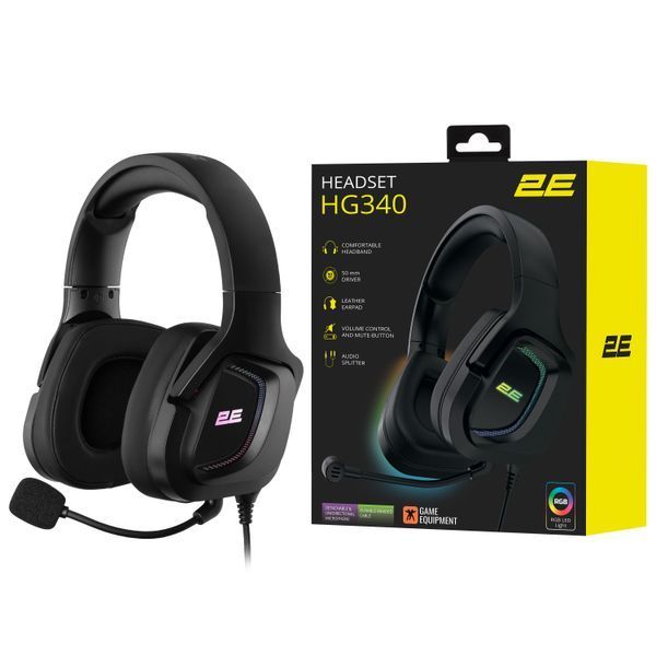 Гарнітура ігрова 2E GAMING HG340, mini-jack/dual 3.5mm, RGB, 2м, чорний (2E-HG340BK) 364103 фото