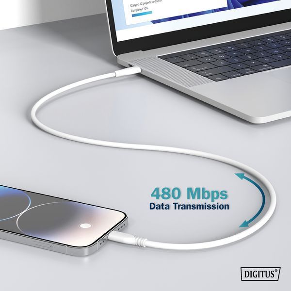 Кабель DIGITUS USB-A > Lightning заряджання/синхронізації, USB 2.0, 12W, силіконовий, 2м, білий (AK-600108-020-W) 366848 фото