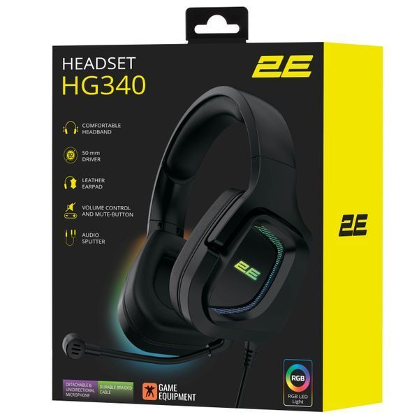 Гарнітура ігрова 2E GAMING HG340, mini-jack/dual 3.5mm, RGB, 2м, чорний (2E-HG340BK) 364103 фото