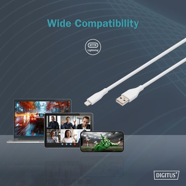 Кабель DIGITUS USB-A > Lightning заряджання/синхронізації, USB 2.0, 12W, силіконовий, 2м, білий (AK-600108-020-W) 366848 фото