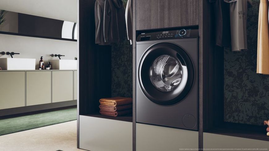 Пральна машина Haier фронтальна, 9кг, 1400, A+++, 60см, дисплей, пара, інвертор, люк чорний, прямий привід, cріблястий (HW90-B14939S8) 375633 фото