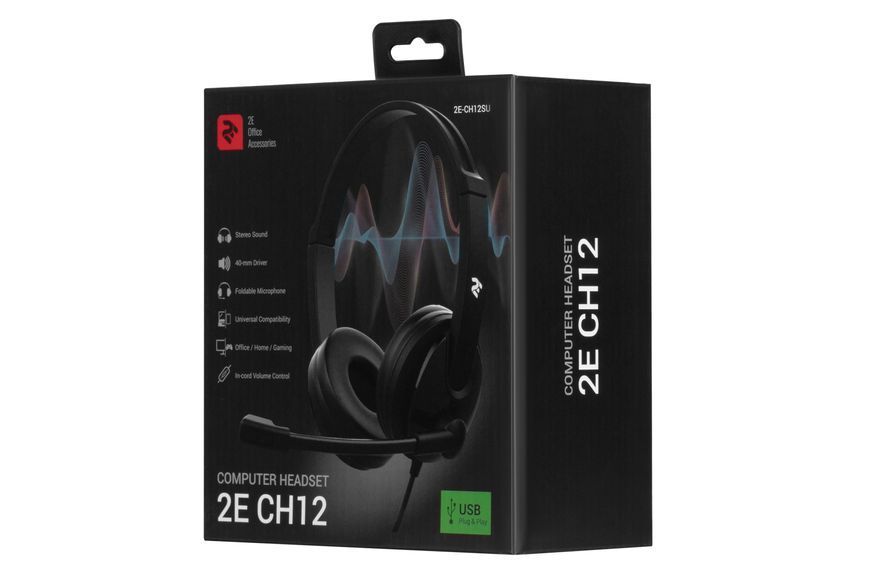 Гарнітура ПК стерео On-ear 2E CH12 USB, omni-mic, 2м, чорний (2E-CH12SU) 362058 фото