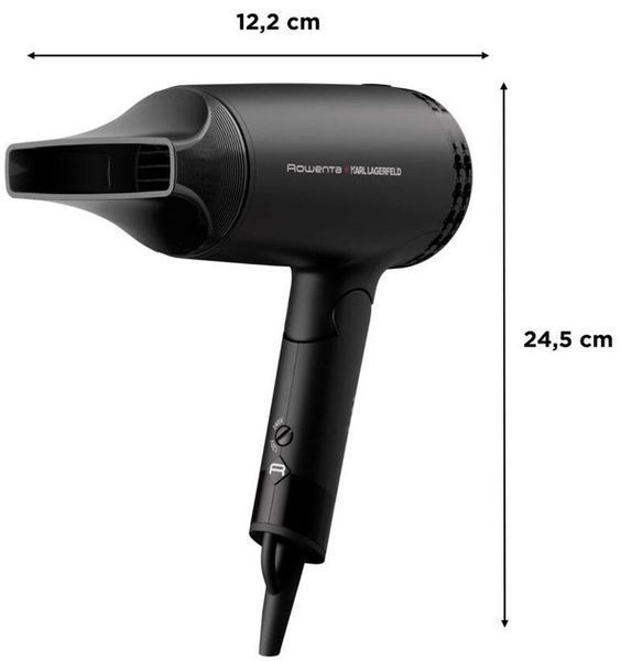 Фен Rowenta Karl Lagerfeld Express Style дорожній, 1600Вт, 2 режими, хол. обдув, складна ручка, чорний (CV184LF0) 368211 фото