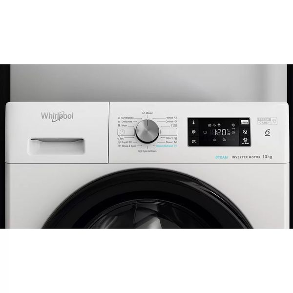 Пральна машина Whirlpool фронтальна, 10кг, 1400, A+++, 60см, дисплей, пара, інвертор, люк чорний, білий (FFB10469BVUA) 374175 фото