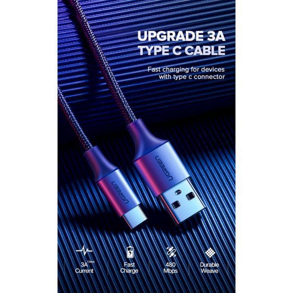 Кабель UGREEN US288 USB 2.0 To USB Type-C Cable Nickel Plating Aluminum Braid 3A 0.25m (60124) Black 283268 фото