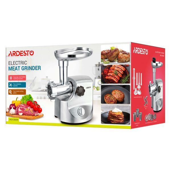 М'ясорубка Ardesto, 3000Вт, продук.-2.6кг/хв, 4 решітки + для ковб., кеббе, 3 терки, метал, сріблястий (MGA-3000W) 363396 фото