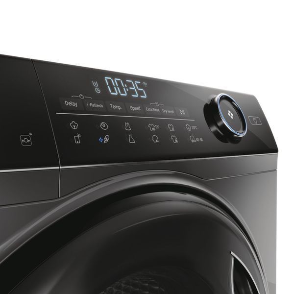 Прально-сушильна машина Haier фронтальна, 8(5)кг, 1400, A, 46см, дисплей, пара, інвертор, люк чорний, прямий привід, cріблястий (HWD80-B14959S8U1) 375634 фото