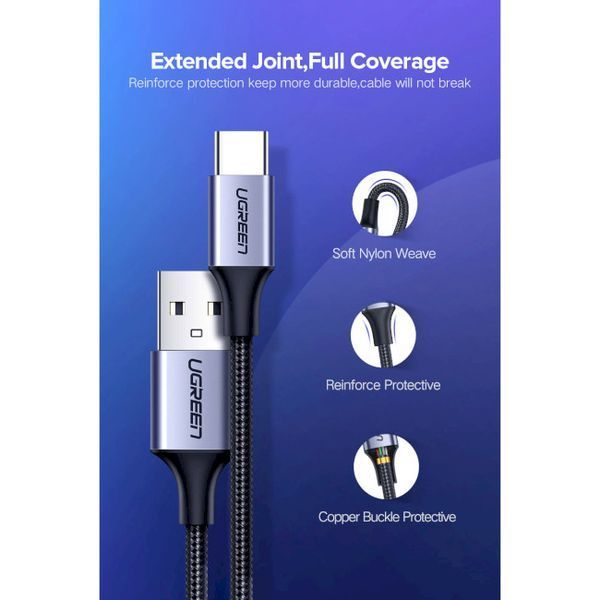 Кабель UGREEN US288 USB 2.0 To USB Type-C Cable Nickel Plating Aluminum Braid 3A 0.25m (60124) Black 283268 фото
