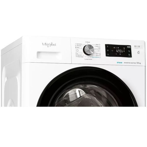 Пральна машина Whirlpool фронтальна, 10кг, 1400, A+++, 60см, дисплей, пара, інвертор, люк чорний, білий (FFB10469BVUA) 374175 фото