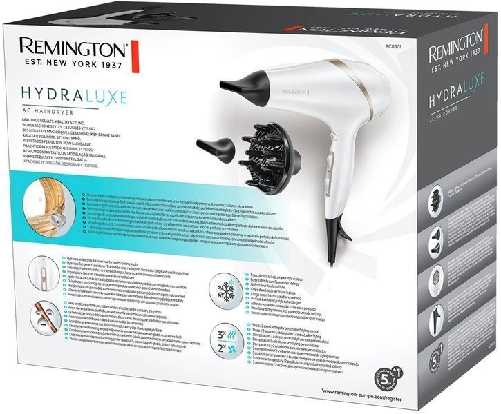 Фен Remington HydraLuxe, 2300Вт, 3 режими, дифузор, іоніз-я, хол. обдув, білий (AC8901) 365064 фото