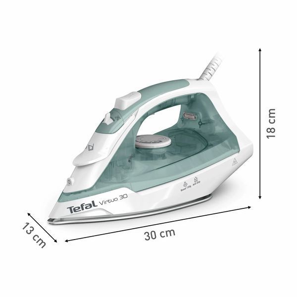 Праска Tefal Virtuo 30, 2000Вт, 240мл, паровий удар -120гр, постійна пара - 27гр, керам. підошва, біло-зелений (FV2C42E0) 375291 фото