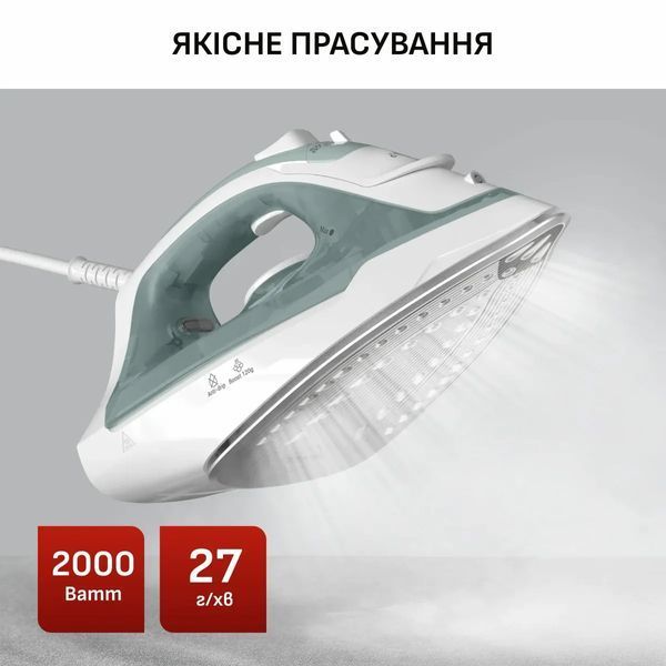 Праска Tefal Virtuo 30, 2000Вт, 240мл, паровий удар -120гр, постійна пара - 27гр, керам. підошва, біло-зелений (FV2C42E0) 375291 фото