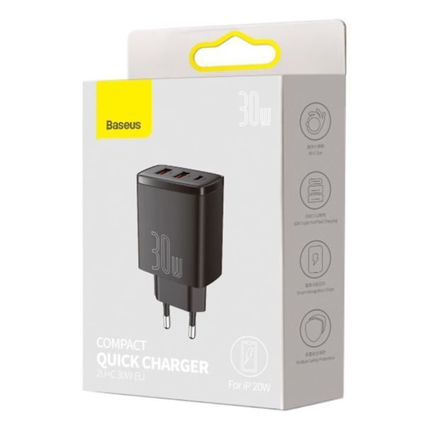 Зарядний Пристрій Baseus Compact Quick Charger 2xUSB U+C 30W (CCXJ-E01) Black 253916 фото