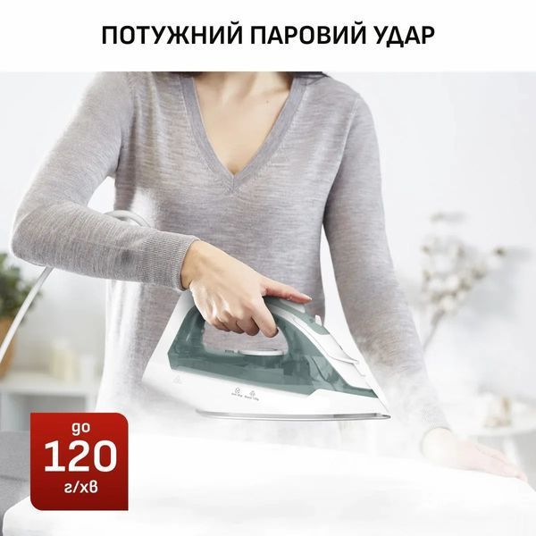 Праска Tefal Virtuo 30, 2000Вт, 240мл, паровий удар -120гр, постійна пара - 27гр, керам. підошва, біло-зелений (FV2C42E0) 375291 фото