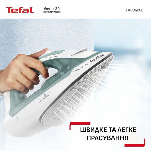 Праска Tefal Virtuo 30, 2000Вт, 240мл, паровий удар -120гр, постійна пара - 27гр, керам. підошва, біло-зелений (FV2C42E0) 375291 фото