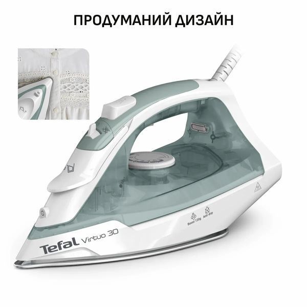 Праска Tefal Virtuo 30, 2000Вт, 240мл, паровий удар -120гр, постійна пара - 27гр, керам. підошва, біло-зелений (FV2C42E0) 375291 фото