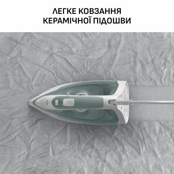 Праска Tefal Virtuo 30, 2000Вт, 240мл, паровий удар -120гр, постійна пара - 27гр, керам. підошва, біло-зелений (FV2C42E0) 375291 фото