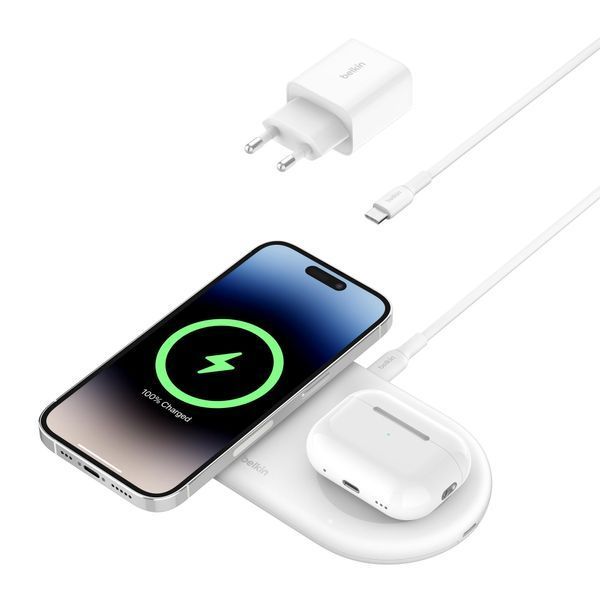 Зарядний пристрій бездротовий Belkin 2в1 15Вт Pad Qi2, білий (WIZ021VFWH) 369944 фото